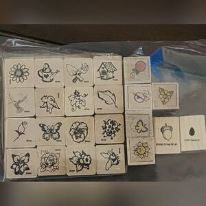 23 Small Wooden Stamp Set with Floral and Nature Designs